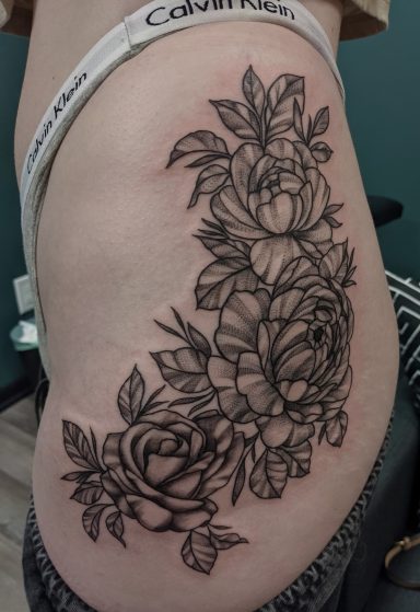 Blackwork Flowers on Hip